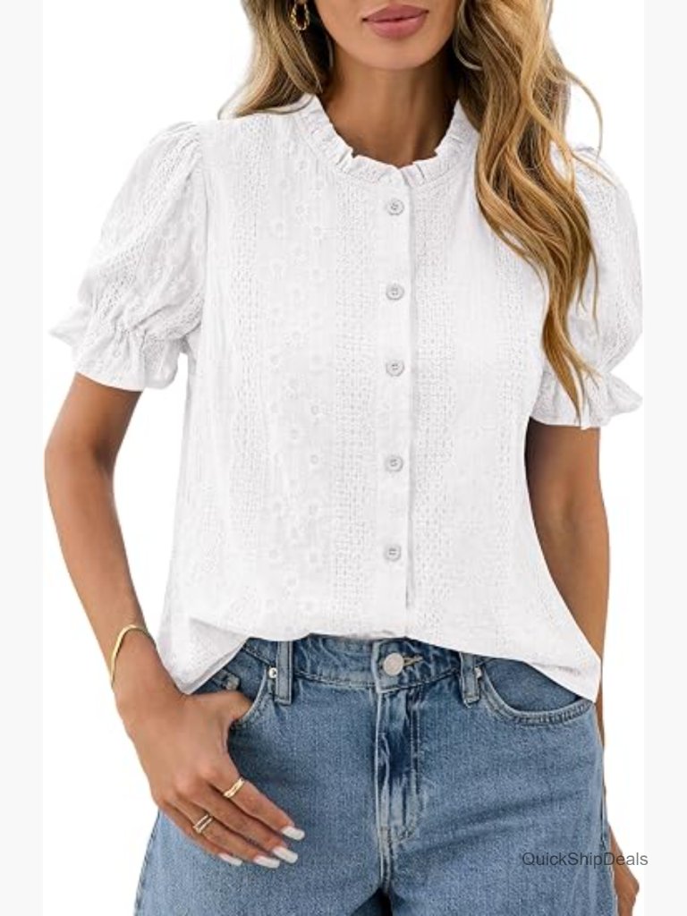 Boho Embroidered Puff Sleeve Button Down Blouse Dressy Casual Cotton Top